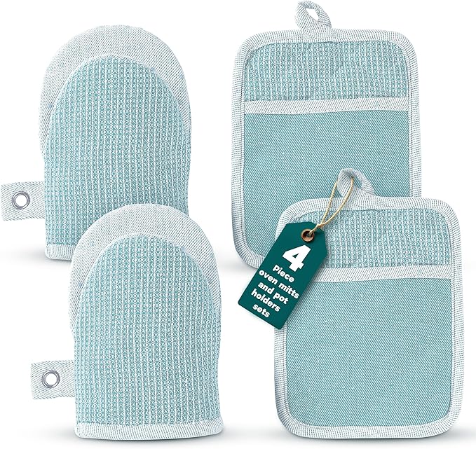 Casa Platino Silicone Oven Mitts & Pot Holders, 4-Piece – Oven Mitt for Baking & BBQ, Pot Holder for Kitchen, Hot Dishes & Microwave – Heat Resistant Up to 500°F, Non-Slip & Machine Washable – Aqua