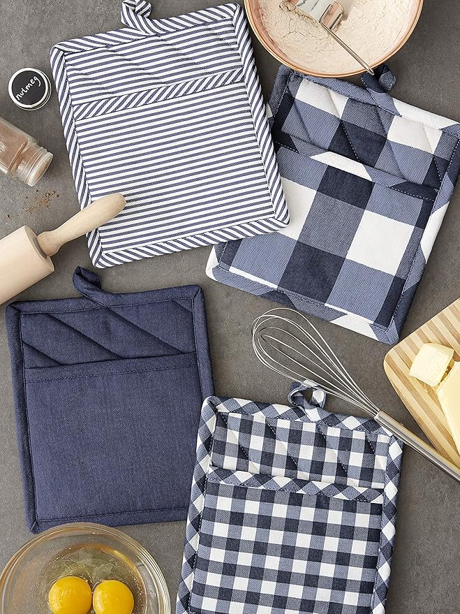DII Gingham Check Kitchen Collection, Navy, Potholder Set