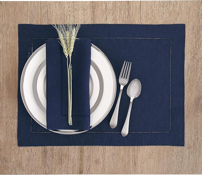Solino Home Linen Placemats Set of 4 - Classic Hemstitch Navy Blue Placemats 14 x 19 Inch - 100% Pure Linen Table Mats for Mothers Day, Memorial Day