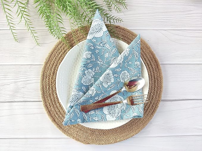 Soft Cotton Napkins 18x18 inches - Washable Thin Cloth Dinner Napkins Set of 6 - Everyday Use or Dinner Party and Events - Greyish Blue Floral Lightweight Indian Block Print Soft Fabric by Craftbot