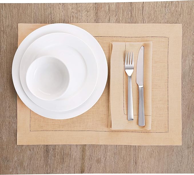 Solino Home Linen Cloth Placemats Set of 6-100% Pure Linen Hemstitch Beige Placemats 14 x 19 Inch - Classic Hemstitch Table Place Mats for Spring, Summer, Mothers Day