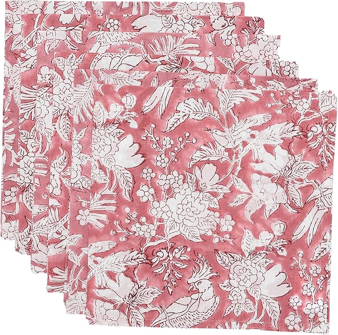 CPC Pink Coral Indian Block Print Cotton Cloth Napkins Set of 4, 18x18 Reusable Everyday Napkins, Soft, Absorbent, Floral Dinner Napkin, Holiday, Party Gift, Spring,Mother's Day