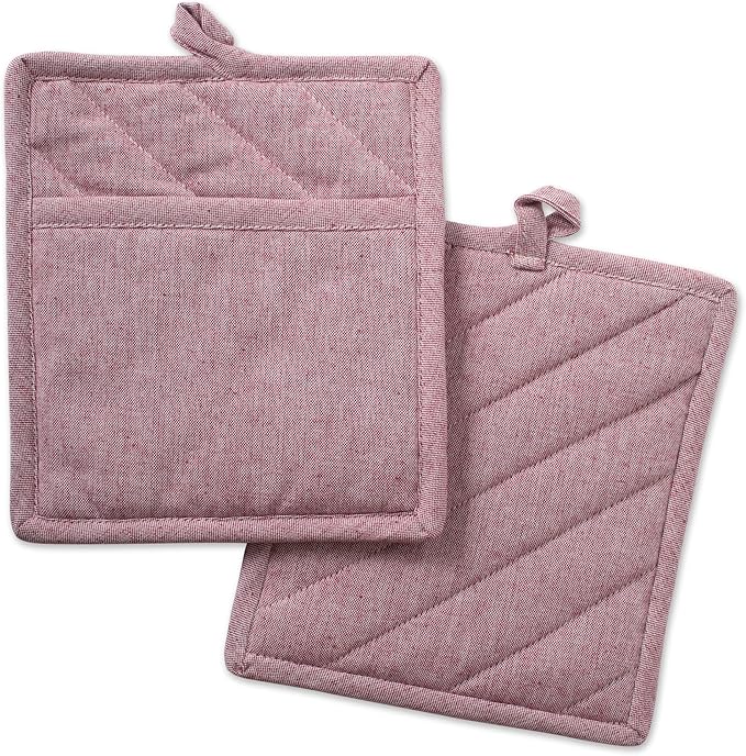 DII 100% Cotton Solid Chambray Kitchen Set, Potholders, Barn Red, 2 Piece