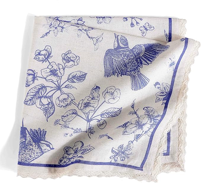 FINGERCRAFT Dinner Cloth Napkin Cotton Linen Blend 4 Pack Mitered Corners with Elegant Lace for Everyday Use Napkins are Pre Shrunk and Good Absorbency (Toile, 20in x 20in)