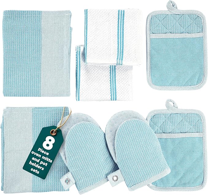 Casa Platino Oven Mitts and Pot Holders Sets, 8-Piece – 500°F Heat Resistant Mini Oven Mitt with Silicone Grip, Potholders for Kitchens, 2 Kitchen Towels & 2 Dish Cloths – Non-Slip & Durable – Aqua