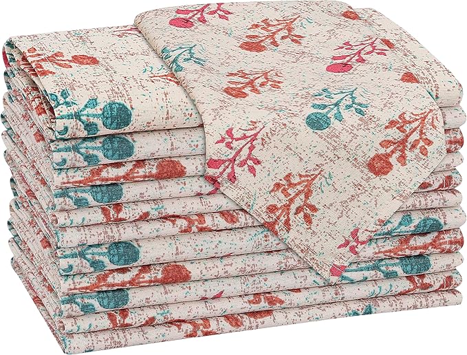 Ruvanti Cloth Napkins Set of 12, 18x18 Reusable Napkins Cloth Washable, Soft & Durable Table Napkin, Poly Cotton Fabric Dinner Napkins for Parties, Christmas, Thanksgiving, Weddings - Block Print