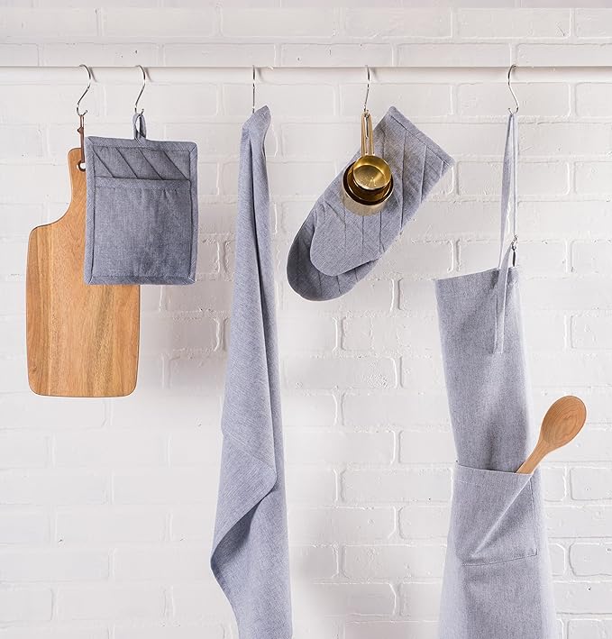 DII 100% Cotton Solid Chambray Kitchen Set, Oven Mitts, Blue, 2 Piece