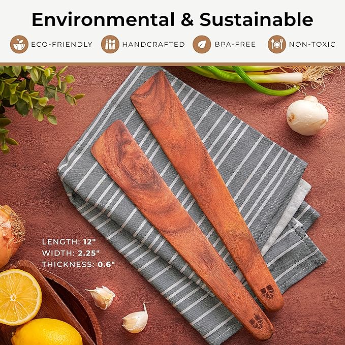 Wooden Spatula for Cooking Set of 2-12 Inch Teak Spatula for Non Stick Frying Pan - Turner & Flipper for Cast Iron, Egg & Pancake Scraper - BPA Free & Heat Resistant Wooden Cooking Utensils