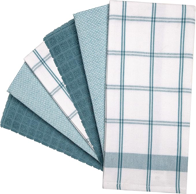 Premium Kitchen Towels (20”x 28”, 6 Pack) | Large Cotton Dish Towels | Flat & Terry Highly Absorbent Kitchen Linen Set with Hanging Loop | Teal Check