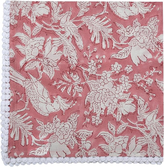 CPC Cloth Napkins 100% Cotton Set of 4 Reusable Napkins, Indian Block Print Toile Floral Dinner Napkin, Fall Thanksgiving Christmas Holiday Party Gift - Soft Absorbent Napkin, 18"x18" Mix Pom Pom