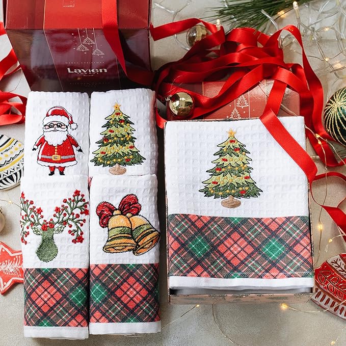 Lavien Home Christmas Kitchen Towels Embroidered, Cotton Dishcloths Decoration for Xmas with Plaid (Set of 4), Waffle Weave Cute Tree, Santa, Bell, Deer, 16 x 23 inches