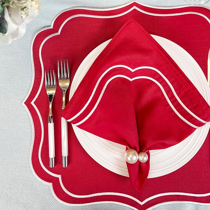 Cotton Linen Placemats Set of 4 - Double Layered, Machine Washable, Scalloped & Embroidered Cloth Table Mats - Luxury Gift for Wedding, Birthday & Mother's Day 19 x 17 inch, Red
