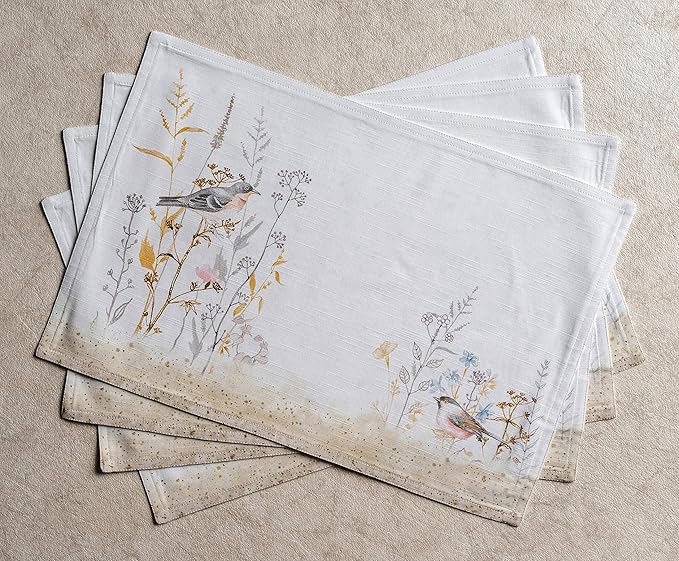 Maison d' Hermine Placemats Set of 4 100% Cotton Washable Cloth Place Mats Reusable Table Mats for Kitchen Dining Wedding Gifts for Mothers Day Spring/Summer (Meadow Florals - Beige, 13" x 19")