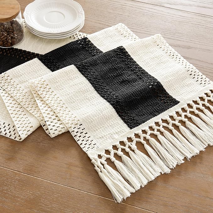 ZeeMart Macrame Style Bicolor Stitching Table Runner, 14 x 36 Inch Black/Ivory, Boho Black Table Runners 36 Inches Long, Farmhouse Woven Home Decor