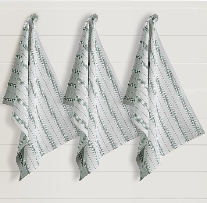 Kitchen Towels Set – Pack of 3 (20’’ x 30’’) Extra Large Premium Cotton Dish Towels for Kitchen – Chain Stripe Towels – Absorbent – 100% Cotton – with Hanging Loop – Olive
