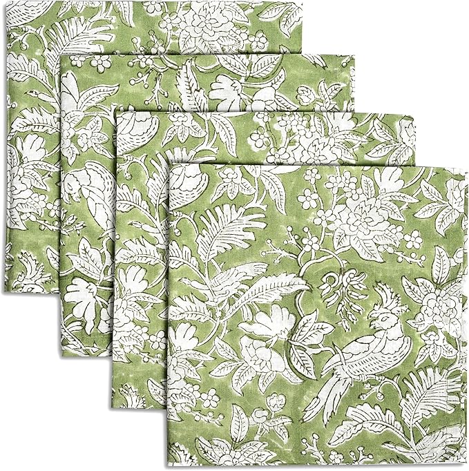CPC Olive Green Indian Block Print Cotton Cloth Napkins Set of 4, 18x18 Reusable Everyday Napkins, Soft, Absorbent, Floral Dinner Napkin, Holiday, Party Gift, Spring,Mother's Day