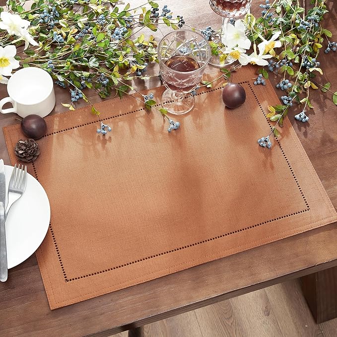 Elrene Home Fashions Alison Eyelet Border Design Cloth Wrinkle Resistant Fabric Placemat, Set of 4, 13"x19", Terracota