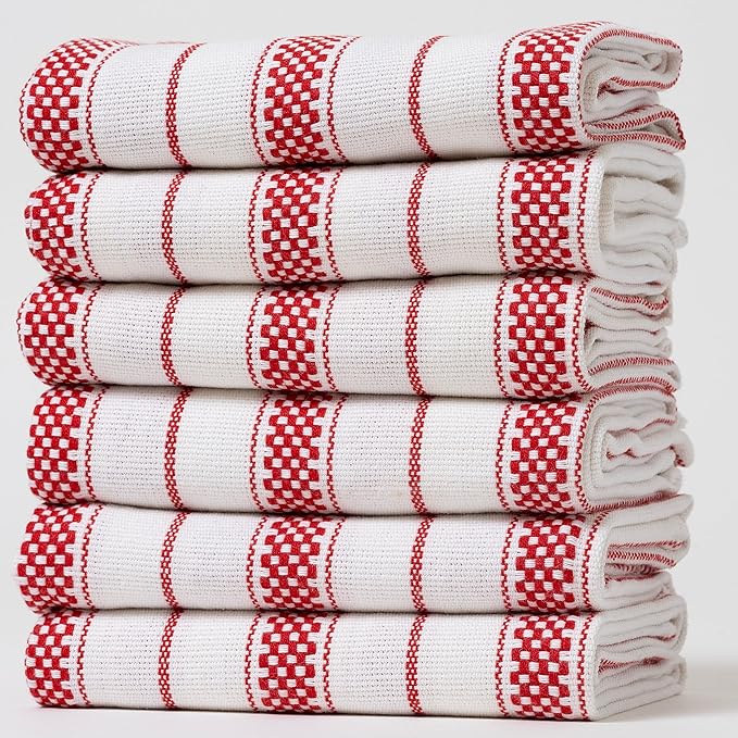 Kitchen Towels Set – Pack of 6 (20’’ x 30’’) Extra Large Premium Cotton Dish Towels for Kitchen – Chain Stripe Towels – Absorbent – 100% Cotton – with Hanging Loop – Red