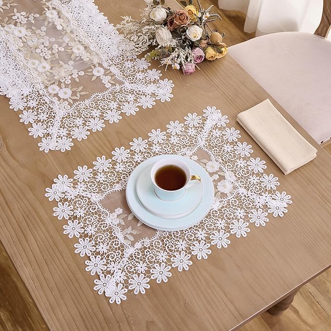 White Ivory Gold Floral Lace Placemats 14”x20” Set of 2, Table Topper Dresser Scarf Place Mats(Set of 2, White & Ivory)