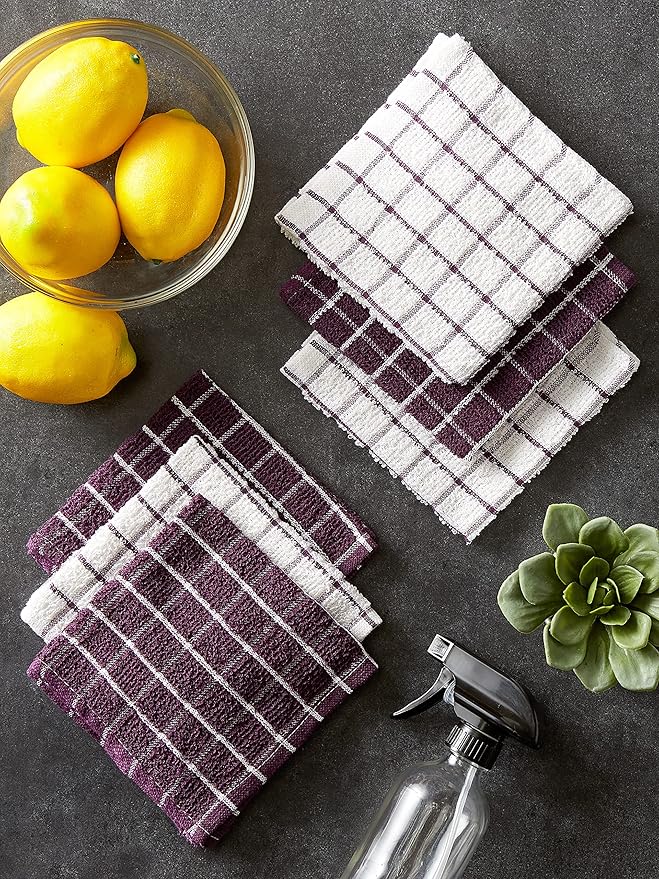 DII Basic Terry Collection Windowpane Dishcloth Set, 12x12, Eggplant, 6 Piece