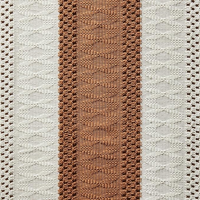 ZeeMart Macrame Style Bicolor Stitching Table Runner, 14 x 60 Inch Caramel/Ivory, Boho Caramel Table Runners 60 Inches Long, Farmhouse Woven Home Decor
