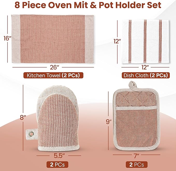 Casa Platino Potholders for Kitchens, 8-Piece – 500°F Heat Resistant Oven Mitts and Pot Holders, Mini Oven Mitt with Silicone Grip, 2 Kitchen Towels & 2 Dish Cloths – Durable & Non-Slip – Canyon Rose