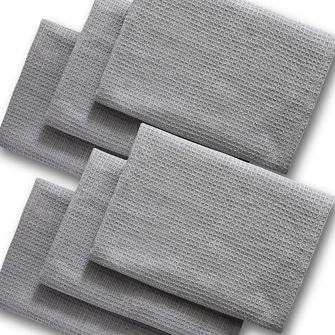 Highly Absorbent Cotton Dish Towels for Drying - Set of 6 Light Gray Kitchen Towels - 18"X28" Lint Free Waffle Weave Cloth Linen Hand Bathroom Bulk Dishtowels
