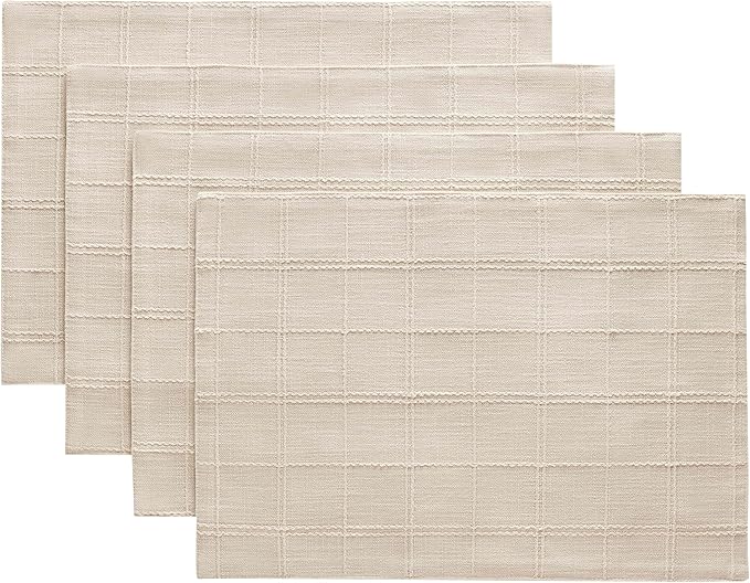 ZeeMart Linen Checked Placemats Set of 4, Plaid Embroidery Textured Table Mats, Double Layer Thick Farmhouse Rustic Place Mats for Kitchen Dining Table Home Decor, Beige 13x19 Inch