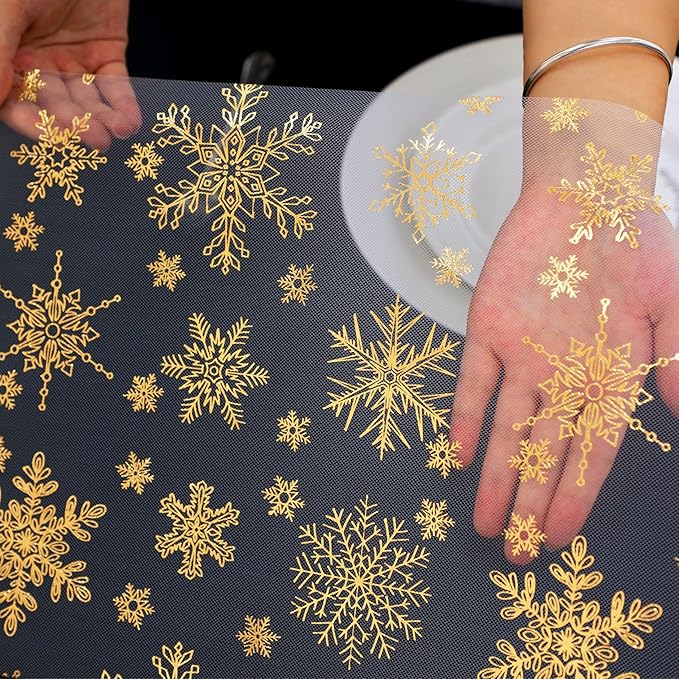 Snowkingdom 2 Pcs Christmas Snowflake Gold Table Runner, 108 Inch Sparkly Gold Glitter Metallic Foil Runners Decorations for Seasonal Winter Festival Holiday Home Party