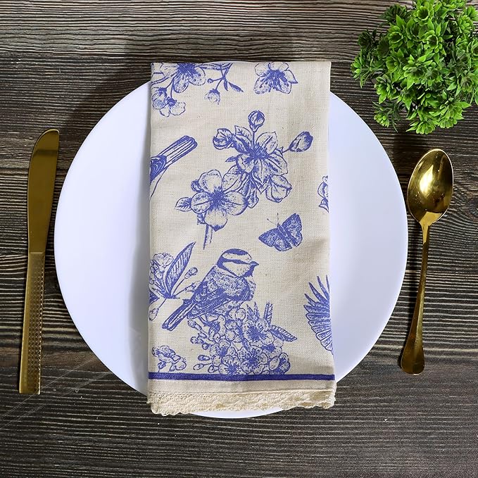 FINGERCRAFT Dinner Cloth Napkin Cotton Linen Blend 4 Pack Mitered Corners with Elegant Lace for Everyday Use Napkins are Pre Shrunk and Good Absorbency (Toile, 20in x 20in)