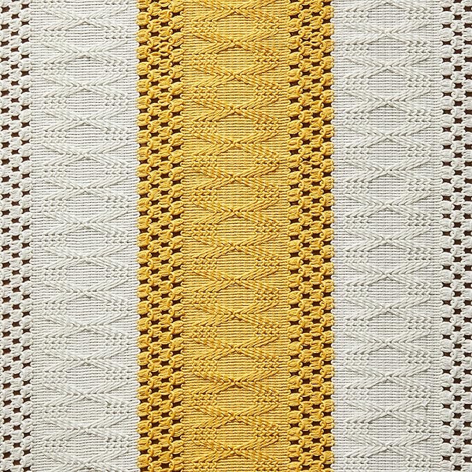 ZeeMart Macrame Style Bicolor Stitching Table Runner, 14 x 108 Inch Mustard/Ivory, Boho Yellow Table Runners 108 Inches Long, Farmhouse Woven Home Decor