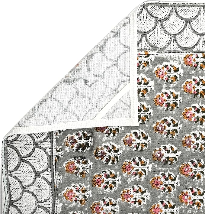 CPC Labra Grey Hand Block Print Waffle Kitchen Towel Set of 3-16 x 28 Inch Ultra Absorbent Quick Dry Cotton Dish Towels Lightweight Reusable Sustainable Tea Towels for Cleaning and Drying