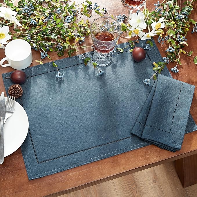 Elrene Home Fashions Alison Eyelet Border Design Cloth Wrinkle Resistant Fabric Dinner Napkin, Set of 4, 17"x17", Copen Blue