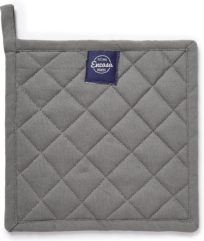 Encasa XO Heat Resistant Cotton Pot Holders with Hanging Loop - Set of 2 - Grey - Multipurpose Quilted Everyday Hot Pad for Kitchen, Camping, BBQ & Microwave - 8x8 in