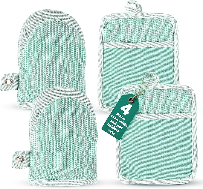 Casa Platino Heat Resistant Oven Mitts & Pot Holders, 4-Piece – Oven Mitt for Baking & BBQ, Potholders for Kitchens – Withstands Heat Up to 500°F, Soft, Durable & Non-Slip – Sage