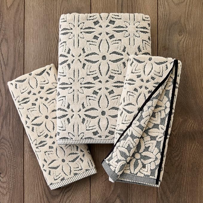 SKL Home Lisbon 100% Cotton Premium 2-Piece Hand Towel Set, 600 GSM, Reversible Jacquard, Soft & Absorbent, Decorative for Bath/Kitchen/Bar & Gift, Black