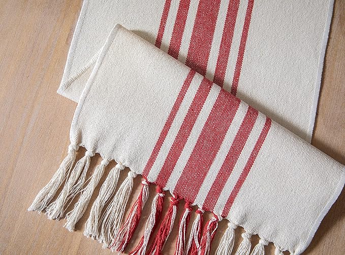 Christmas Table Runner 13 x 60 Inch for Dining Table, Boho décor Coffee Table Runner with Handcrafted Tassels, red and Beige Stripe Table Runner for Holiday, Winter