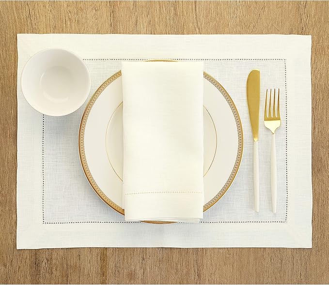 Solino Home Ivory Linen Napkins Set of 4-100% Pure Linen Hemstitch Dinner Napkins 20 x 20 Inch for Spring, Summer, Mothers Day - Classic Hemstitch