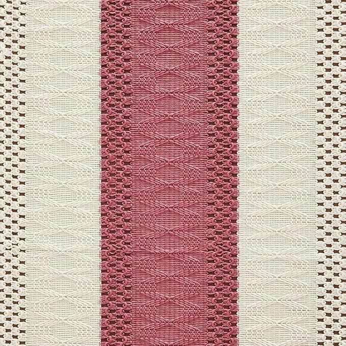 ZeeMart Macrame Style Bicolor Stitching Table Runner, 14 x 36 Inch Dusty Rose/Ivory, Boho Pink Table Runners 36 Inches Long, Farmhouse Woven Home Decor