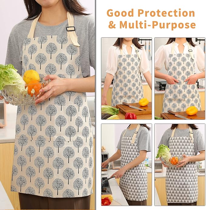 Tosewever 2 Pieces Cotton Linen Waterproof Bib Apron with 2 Pockets - Long Ties Adjustable Neck Strap - Unisex Cooking Kitchen Decorative Pattern Aprons for Women Chef (Triangle/Tree, 2)