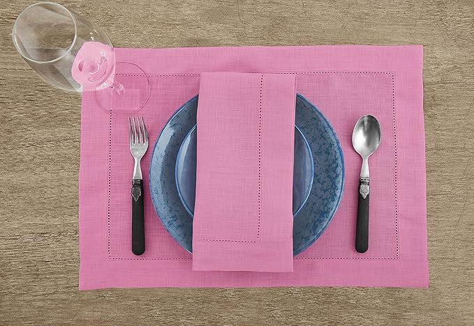 Solino Home Linen Placemats Set of 4 - Classic Hemstitch Flamingo Pink Placemats 14 x 19 Inch - 100% Pure Linen Table Mats for Mothers Day, Spring, Summer