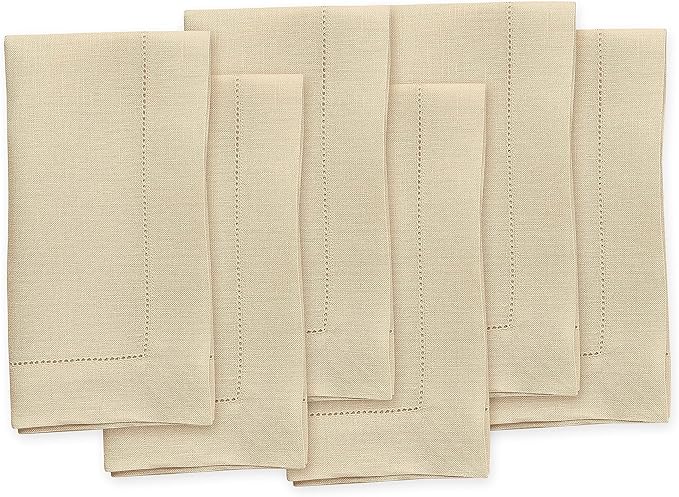Solino Home Linen Cloth Napkins Set of 6-100% Pure Linen Beige Dinner Napkins 20 x 20 Inch for Spring, Summer, Mothers Day - Classic Hemstitch, Handcrafted and Machine Washable