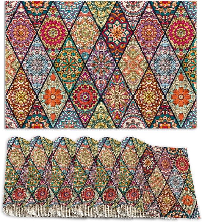 Set of 6 Washable Colorful Bohemian Placemats Non-Slip Heat-Resistant 12x18 Inch Thick DecorativeLinen Table Mats for Dining Table Home Décor