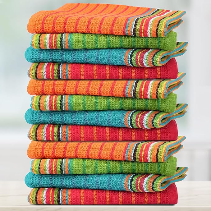 THREAD SPREAD Kitchen Dish Towels, 100% Cotton Salsa Towels, Set of 12 (16x28 Inches), Multi Purpose Cooking Drying Restaurant Bar Cleaning Cloth Napkin, Highly Absorbent, Lint Free (Red & Orange)