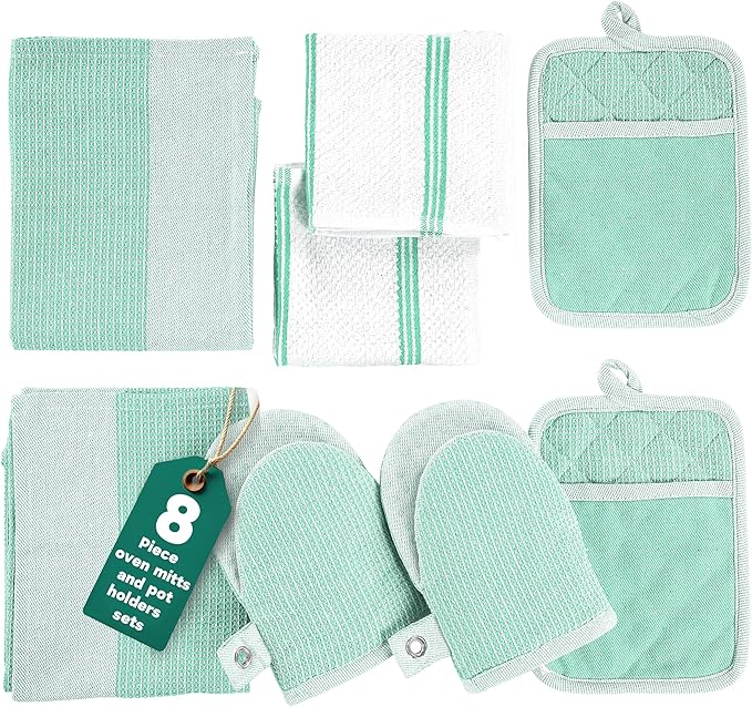 Casa Platino Potholders & Oven Mitts Heat Resistant, 8-Piece Mini Oven Mitt with Silicone Grip, Potholder for Kitchens, 2 Kitchen Towels & 2 Dish Cloths – Durable & Non-Slip – Sage
