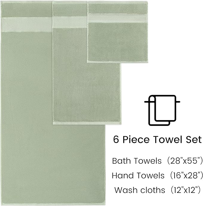 Simple&Opulence Premium 100% Cotton Towel Set 6 Piece，Soft Absorbent Towels for Bathroom,Hotel and Spa,2 Bath Towels 28"x55" 2 Hand Towels 16"x28" & 2 Washcloths 12"x12" (Sage Green)