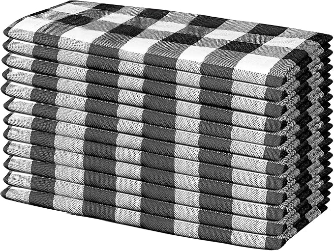 Napkins 100% Cotton Decorative Napkin Washable Gingham Buffalo Check Plaid Cloth Napkins Set of 12 for Home, Wedding, Restaurant, Buffet Party & Camping - Black White (18”X18”)