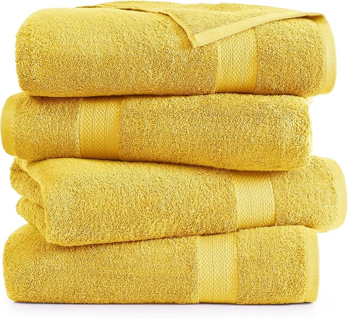 LANE LINEN Cotton Bath Towels Pack of 4 (28"x54") - 100% Ring Spun Cotton Bathroom Towel Set - Durable, Quick Drying, Extra Soft & Absorbent Yellow Bath Towels - Suitable for All Skin Types - Mimosa