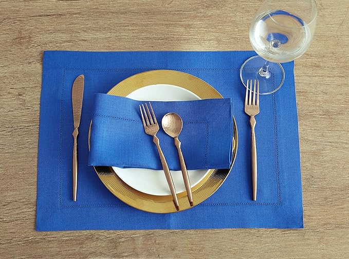 Solino Home Linen Napkins Set of 4 - Classic Hemstitch 100% Pure Linen Royal Blue Dinner Napkins Cloth 20 x 20 Inch - Handcrafted and Machine Washable - Summer, Spring