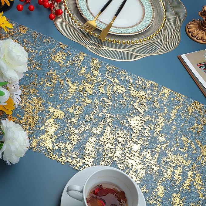 Snowkingdom Glitter Metallic Gold Table Runner 11 Inch x 49 Feet Thin Mesh Sparkle Runner Roll Table Decorations for Wedding Bridal Baby Shower, Anniversary, Christmas, Birthday Party （1PC）